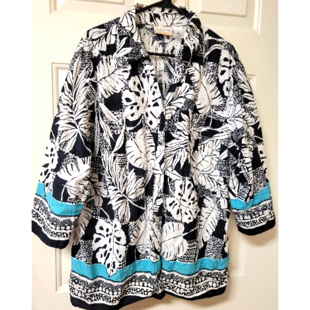 Alfred Dunner Women's 24 3X Shirt Blouse Top Tropical Leaf Black White Turquoise